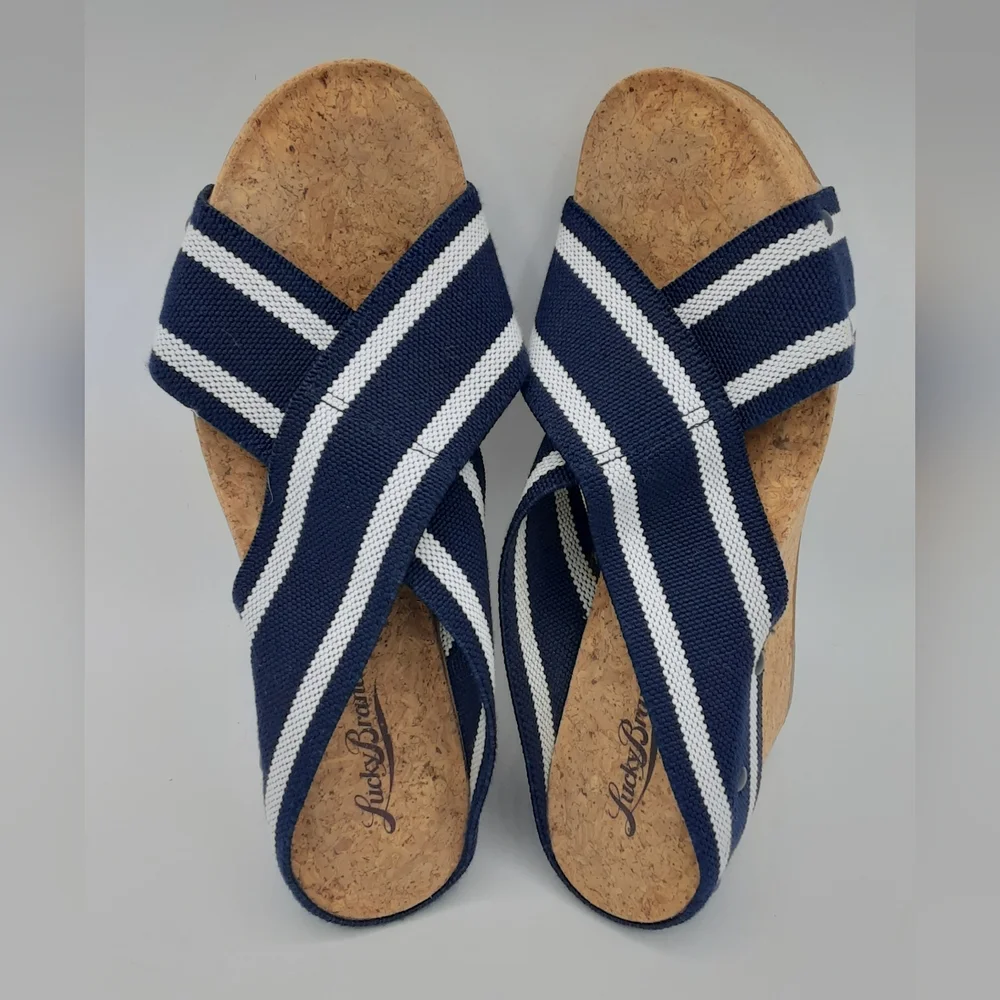 Lucky Brand Miller2 Navy Striped Cork Wedge Sandals
